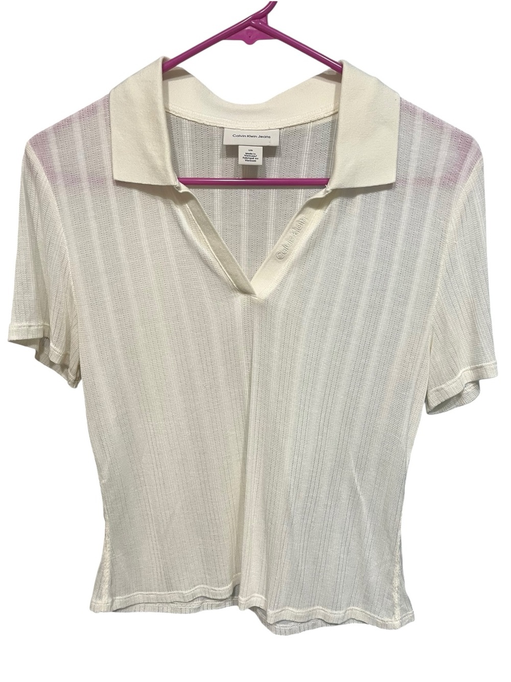 Calvin Klein Cream Collared Sheer Modal Short Sleeve Top - Large